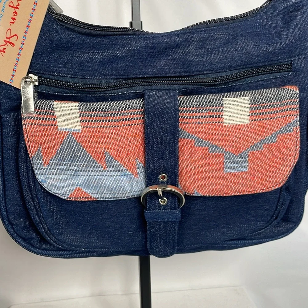 Canyon sky crossbody Aztec bag blue/orange with necklace/earnings